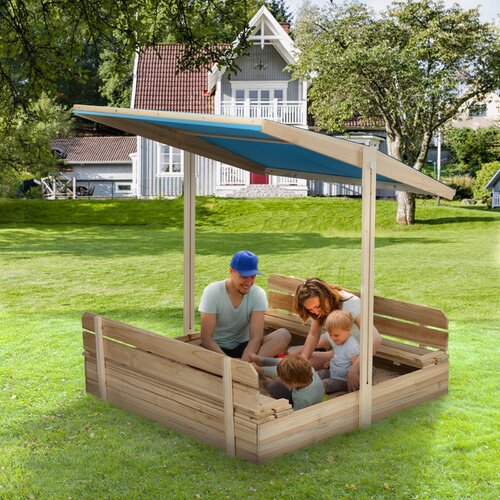 KINGSO Kids Sandbox With Cover Wooden Outdoor Sandbox With Canopy, 2 Foldable Bench Seats Large